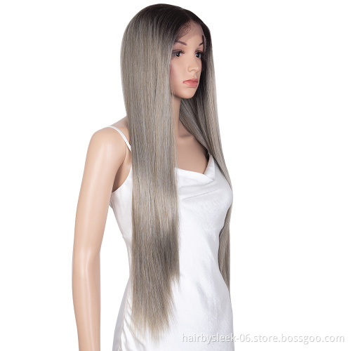 28 inches Super Straight 360 LACE GRACE Wig Bright Silver grey middle part High temperature silk lace cap Synthetic hair Wigs